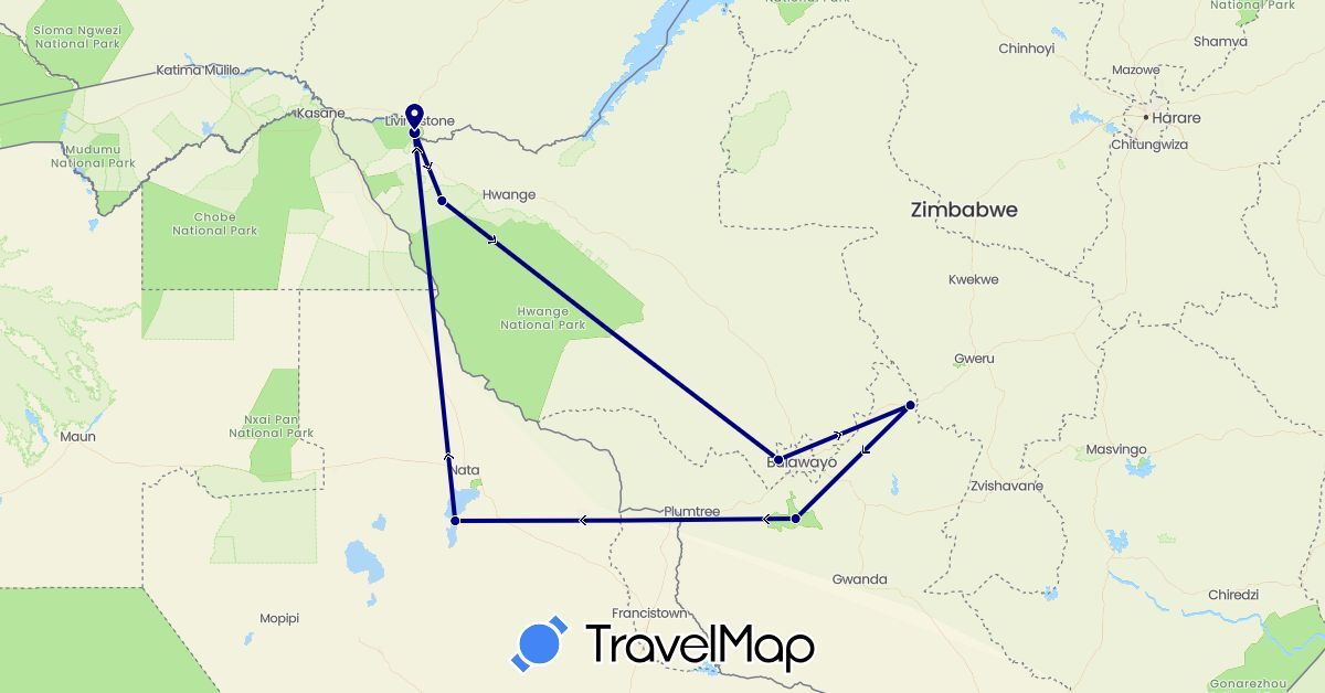 TravelMap itinerary: driving in Botswana, Zimbabwe (Africa)